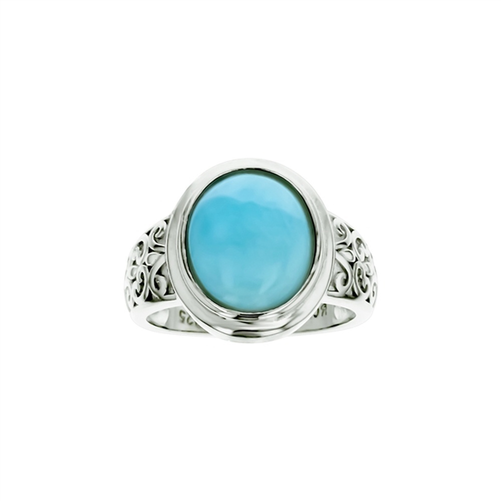 925 Sterling Silver Larimar Oval Shape w Scroll Design Side Ring 4.4 gm